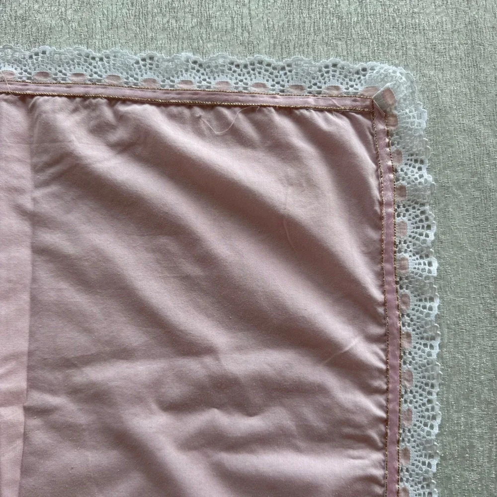 Vintage Pink Baby Blanket Lace Trim Girl Floral Bow 40x33